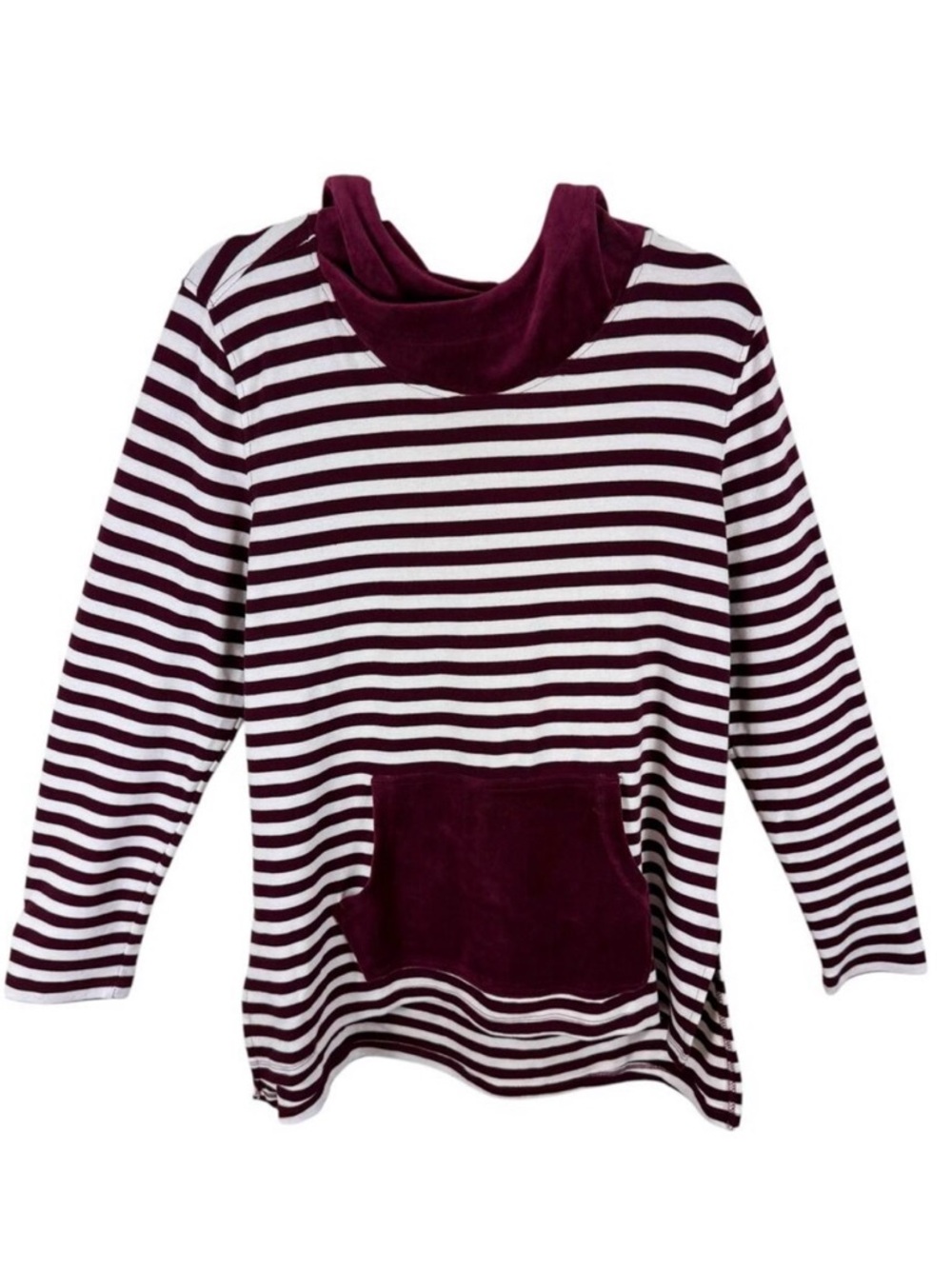 Denim‎ & Co Burgundy Cream Striped Cowl Hooded Knit Velour Pullover Top Medium